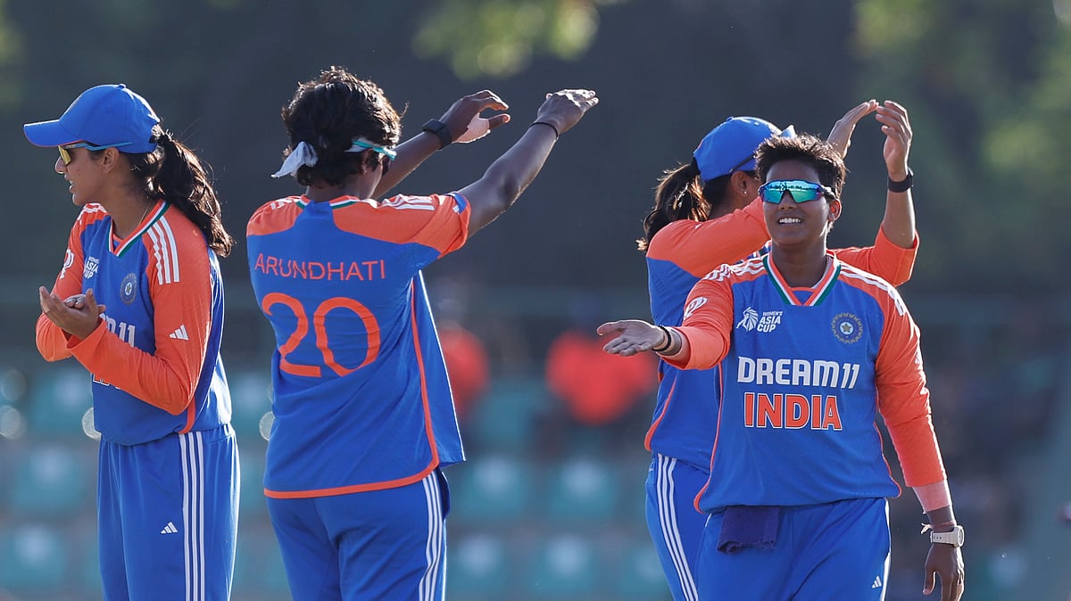 Photo: ACC : India women's cricket team players celebrating the wicket of a UAE player in Women's Asia Cup 2024.
